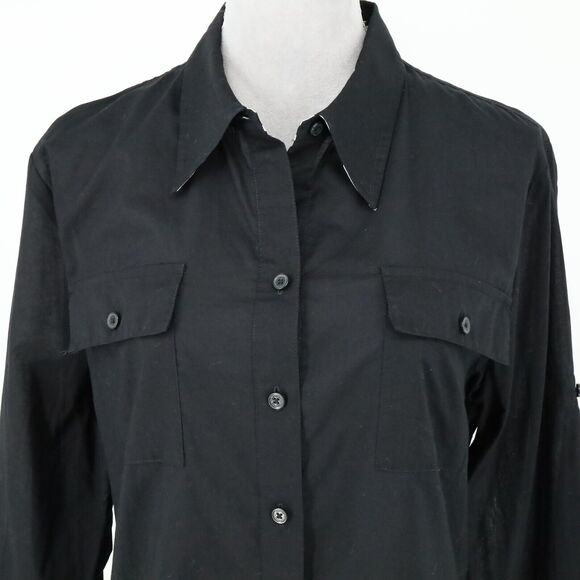 Jones NY Top Womens Large Black Cotton Shirt Semi Sheer Pockets Blouse Preppy - Picture 14 of 16